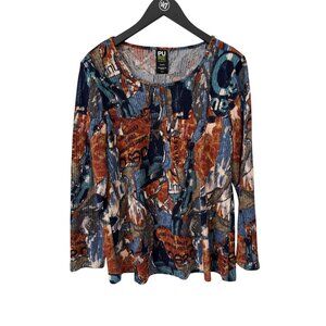 Pure Essence Abstract Print Long Sleeve Top Size Medium Blue Orange Indie Retro